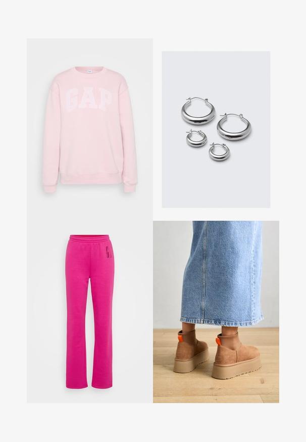 Világos rózsaszín pulóver fehér "GAP" felirattal, kerek nyakú, hosszú ujjú, bordázott mandzsettákkal és alsó szegéllyel. Puha anyagú textúra.; Rózsaszín melegítőnadrág rugalmas derékkal, egyenes szárú kivágással és nagy nyomtatott "G" logóval a bal combon. Puha pamut kevertszövetből készült.; Barna velúr platform csizmák elasztikus oldalsó panelekkel és narancssárga húzófülekkel, amelyek egy térdközépig érő világoskék farmer szoknyával vannak párosítva egy fás padlón.; Négy pár ezüst karika fülbevaló eltérő méretekben: nagy sima körök és kisebb, lekerekített stílusok fényes felülettel és egyszerű kapcsokkal.
