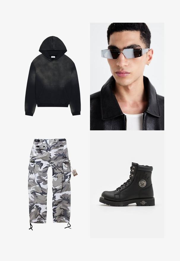 Sudadera negra con efecto degradado, que cuenta con un bolsillo frontal, capucha ajustable con cordón y puños y dobladillo acanalados. Textura de tela suave.; Pantalones de carga camuflados en tonos de gris y blanco, con múltiples bolsillos y un cordón en los puños para un ajuste ajustable.; Botas de cuero negro hasta el tobillo con un cuello acolchado, ojales de metal, un logo de calavera y una suela de goma resistente. Cuenta con puntera y talón reforzados.; Gafas de sol angulares de tonalidad gris con detalles en plata, sobre un fondo claro. Las lentes presentan una forma geométrica única.