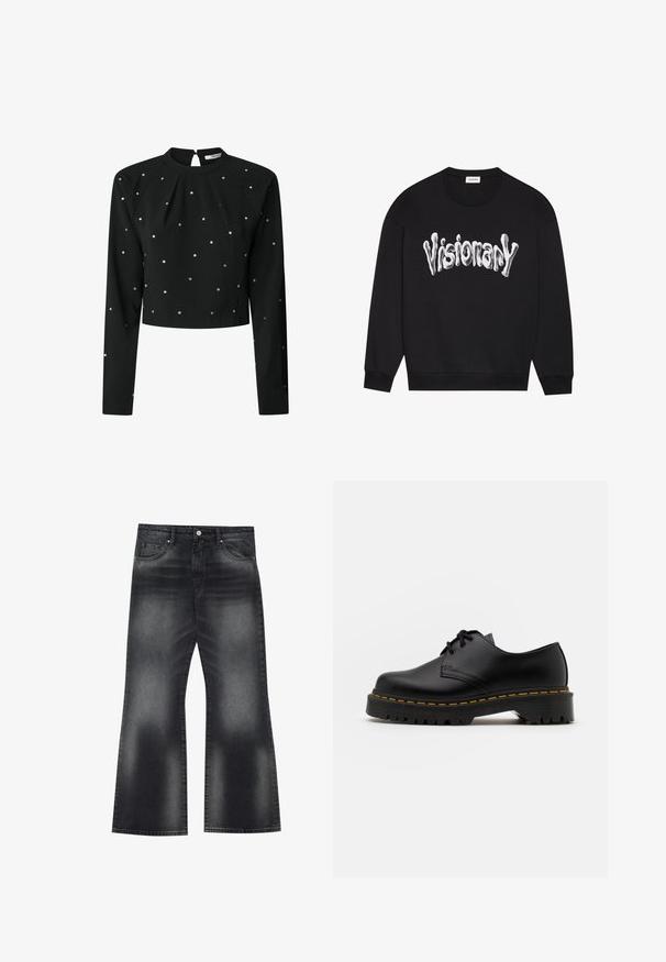 Felpa nera con una grande grafica "Visionary" in caratteri bianchi irregolari. Collo rotondo semplice e maniche lunghe con polsini a costine.; Top nero a maniche lunghe con colletto alto e schiena a chiave, decorato con strass sparsi e dal design cropped. Realizzato in tessuto morbido.; Jeans a zampa d'elefante in denim nero con lavaggio sbiadito, cinque tasche e cuciture a contrasto, caratterizzati da un'apertura gamba leggermente ampia.; Scarpa nera in pelle con lacci, punta arrotondata, suola in gomma texturizzata e cuciture gialle attorno alla base. Design piatto e finitura liscia.