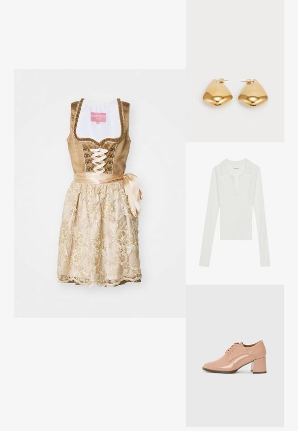 Baltas lygaus audinio ilgomis rankovėmis polo marškinėliai su V formos iškirpte ir kontrastinga apykakle, pasižymintys prigludusiu siluetu ir minkšta tekstūra.; Tan dirndl suknelė su prigludusia korsetu, laisvai užtraukiančia priekyje, dekoratyviniais mygtukais ir kremine sijonu, papuoštu gėlių siuvinėjimu bei juostelėmis.; Rožinė lakinės odos batų pora su kvadratiniu kulnu, pasižyminti lygiu paviršiumi ir švariomis linijomis. Kulno aukštis vidutinis.; Auksinės metalinės auskarai su lygia, suapvalinta trikampio forma ir užsegimu; blizgus paviršius su minimaliais dekoratyviniais elementais.