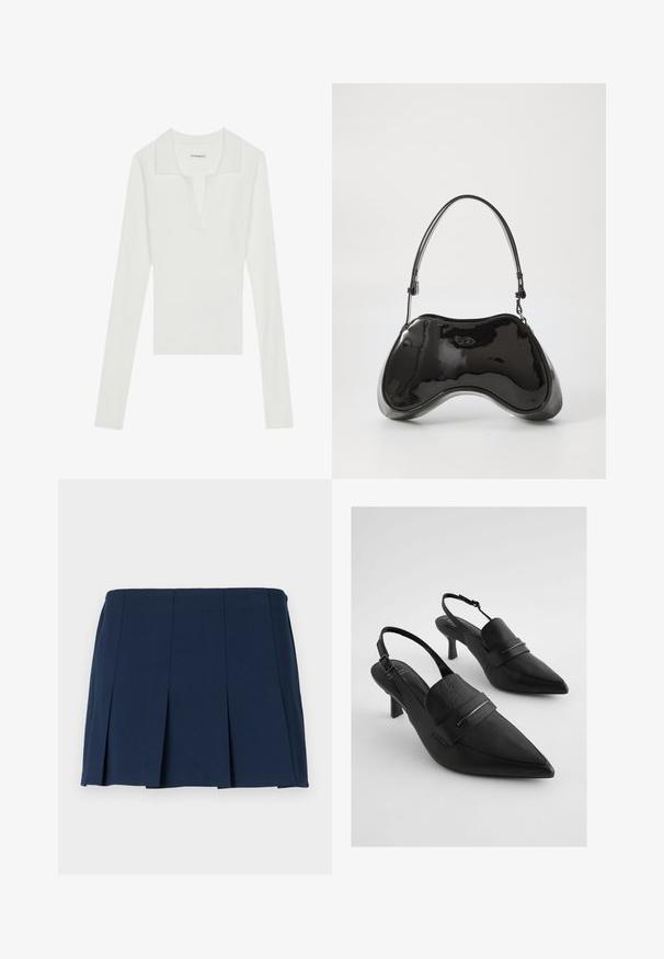 Weißes, geripptes Langarm-Polohemd mit V-Ausschnitt und kontrastierendem Kragen, mit tailliertem Schnitt und weichem Material.; Marineblauer, gefalteter Minirock mit geradem Bund, aus glattem Stoff. Verfügt über vertikale Nähte entlang der Falten.; Schwarze Leder-Slingback-Absätze mit spitz zulaufenden Zehen, ausgestattet mit einem breiten Vorderband und Akzenten aus silberfarbenem Metall. Strukturierte Oberfläche, mittelhoher Absatz.; Schwarze Handtasche aus lackiertem Leder mit einer einzigartigen, geschwungenen Form, kurzem verstellbarem Griff und einem Reißverschluss oben. Glatte Textur mit dezentem Branding.