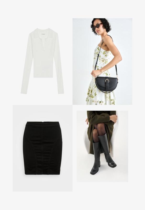 Camisa polo de manga longa branca com pregas, decote em V e gola em contraste, apresentando um design ajustado e uma textura suave.; Saia lápis de denim preta com um design ajustado, apresentando detalhes de costura vertical e um cós de altura média para uma silhueta elegante.; Botas de couro pretas até ao joelho com biqueira quadrada e salto em bloco, apresentadas com um modelo sentado num casaco verde-azeitona. Textura lisa, com detalhes mínimos.; Bolsa de couro preta com forma curva, alça destacável e detalhes em dourado. A bolsa possui uma aba com detalhe de fivela.