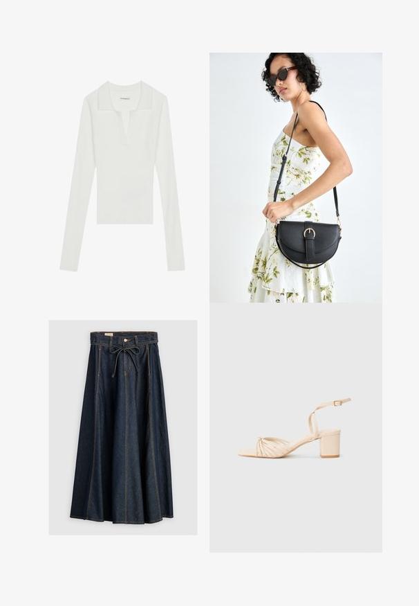 Polo shirt bianco a maniche lunghe con scollo a V e colletto a contrasto, caratterizzato da un design aderente e una texture morbida.; Levi's® XL SKIRT - Gonna di jeans - square circle; Sandalo con tacco beige, con cinturino, punta quadrata, design anteriore torcigliato, cinturino alla caviglia e tacco a blocco. Texture liscia, stile minimalista.; Borsa a tracolla nera in pelle con una forma curva, manico rimovibile e accessori dorati. La borsa presenta una patta con un dettaglio a fibbia.