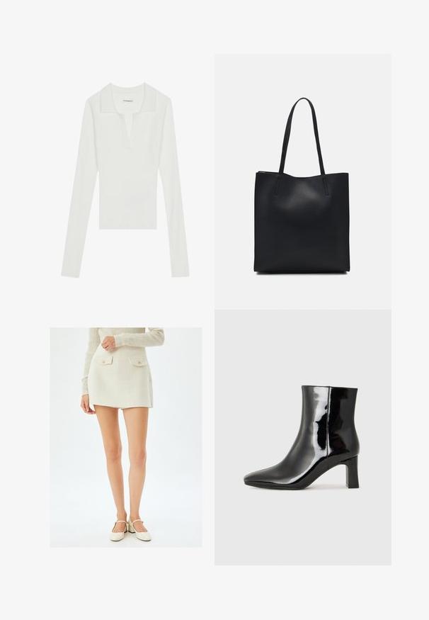 Valkoinen ribattu pitkähihainen poolopaita, jossa on V-kaula-aukko ja kontrastivärinen kaulus. Paidassa on kapea malli ja pehmeä rakenne.; Valkoinen teksturoitu mini hame, jossa on kaksi etutaskua ja kultaiset napit, yhdistettynä kermanvärisiin korkokenkiin. Hameessa on suora leikkaus.; Musta patenttilakattu nilkkuri, jossa on terävä kärki ja keskipitkä lohkarekorko. Silkkinen pinta ja minimalistinen muotoilu.; Mustapahkainen kangaskassi, jossa on sileä pinta, suorakaiteen muotoinen ja kaksi pitkää kahvaa. Ei näkyvää metalliosaa tai koristeita.
