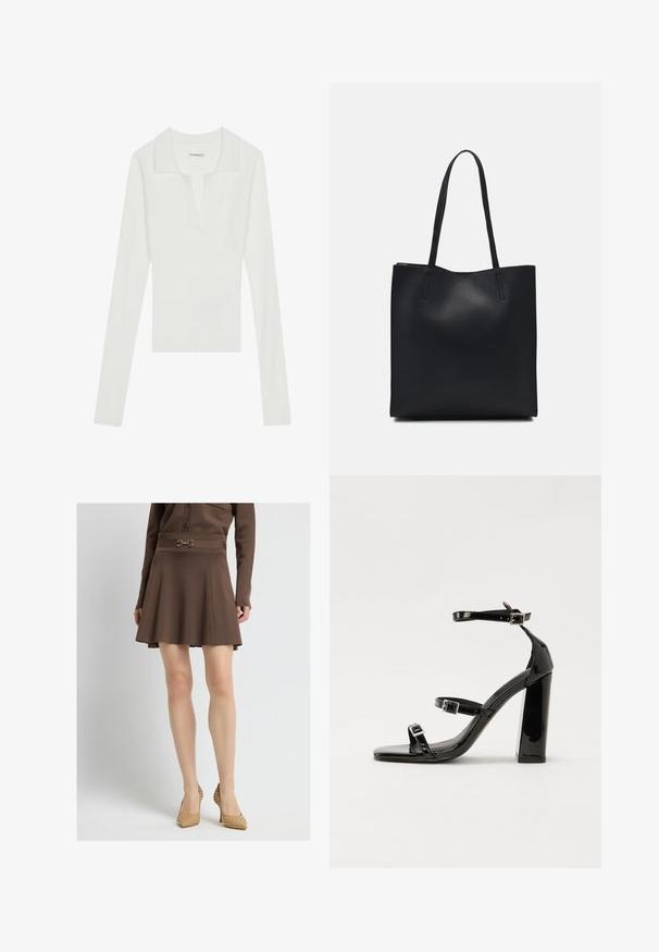 Weißes, geripptes Langarm-Polohemd mit V-Ausschnitt und kontrastierendem Kragen, mit tailliertem Schnitt und weichem Material.; Brauner, ausgestellter Rock mit einem taillierten Bund, der dekorative Beschläge aufweist. Texturierter Stoff mit glatter Oberfläche. Kombiniert mit geflochtenen, spitz zulaufenden Absätzen.; Schwarze patentierte Sandalen mit Absatz, quadratischer Spitze, Knöchelriemen und silbernen Schnallen. Mit einem stabilen Blockabsatz für mehr Stabilität.; Schwarze Laptoptasche aus Leder mit glatter Textur, rechteckiger Form und zwei langen Griffen. Keine sichtbaren Beschläge oder Verzierungen.