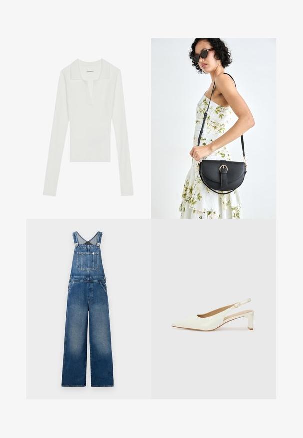 Camisa polo de manga longa branca com pregas, decote em V e gola em contraste, apresentando um design ajustado e uma textura suave.; Suvinhas de ganga com pernas largas, alças ajustáveis, um bolso na frente e detalhes em botão nas laterais. Azul escuro com acentos desgastados.; Sapato slingback de couro branco envernizado com bico fino e um salto baixo em bloco. Apresenta uma tira subtil com um detalhe de fivela em tom dourado.; Bolsa de couro preta com forma curva, alça destacável e detalhes em dourado. A bolsa possui uma aba com detalhe de fivela.