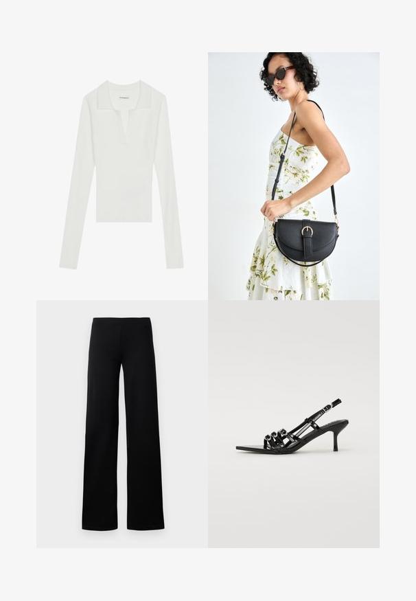 Baltas lygaus audinio ilgomis rankovėmis polo marškinėliai su V formos iškirpte ir kontrastinga apykakle, pasižymintys prigludusiu siluetu ir minkšta tekstūra.; Juodos plačios kojos kelnės, pagamintos iš lygaus, tampraus audinio, su besiūle elastinga juosta ir be matomų kišenių ar puošmenų.; Juodi slingback aukšti kulniukai su smailiu padu, su daugybe siaurų dirželių ir apvalių akcentų priekyje.; Juodas odinis krepšys su išlenkta forma, nuimamu dirželiu ir auksiniais detalėmis. Krepšys turi kilpą su sagtimi.