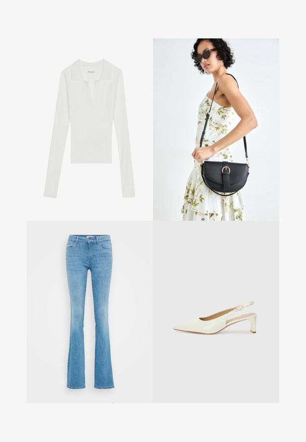 Bijela rebrasta polo majica dugih rukava s V-izrezom i kontrastnim ovratnikom, s tijesnim krojem i mekanom teksturom.; Svijetloplave traperice sa širom nogavicom. Imaju standardni dizajn s pet džepova, zatvaranje na dugme i patentni zatvarač, te ravne nogavice koje se šire.; Bijela patent kožna sandala sa uskog vrha i niskom blok petom. Ima suptilnu traku s detaljem zlatnog kopčanja.; Crna kožna torba s lukovitim oblikom, odvojivim remenom i zlatnim detaljima. Torba ima preklop s kopčom.