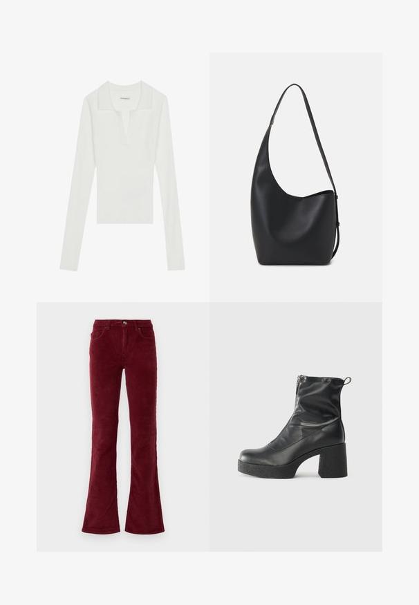 Camisa polo de manga larga blanca con cuello en V y cuello en contraste, que presenta un diseño ajustado y una textura suave.; Pantalones acampanados de pana burdeos con bolsillos frontales, trabillas para cinturón y cierre de botón sobre un fondo blanco liso.; Botines negros de tobillo, hechos de cuero suave, con cierre lateral, tacón grueso texturizado y diseño de punta redondeada.; Bolso tipo hobo de cuero negro con una textura suave, forma curvada y una sola correa ajustable; presenta una amplia apertura en la parte superior.
