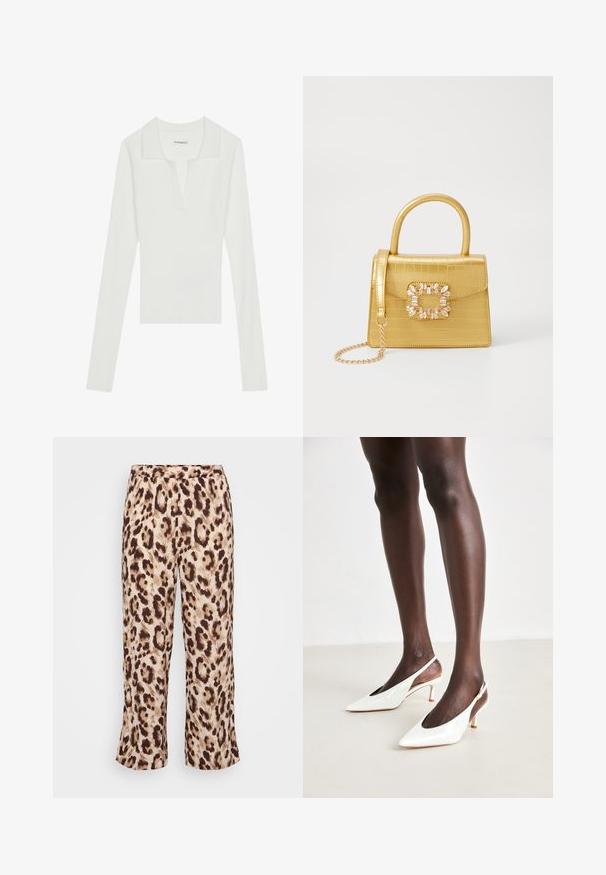 Fehér bordázott, hosszú ujjú póló ing, V-nyakkal és kontrasztos gallérral, szűkített fazonban és puha textúrával.; Leopárdmintás nadrág, elasztikus derékkal, bézs és barna árnyalatok keverékével. Az anyag sima tapintású; rövidített lábujj design.; Fehér lakkbőr, hátul nyitott, hegyes orrú magassarkú cipők, vékony sarokkal és nyitott oldalakkal; sima textúra és minimalista dizájn.; Sárga műbőr krokodil mintás kézitáska strukturált kialakítással, felső fogantyúval, leválasztható lánccal és díszes kristály díszítéssel a záron.