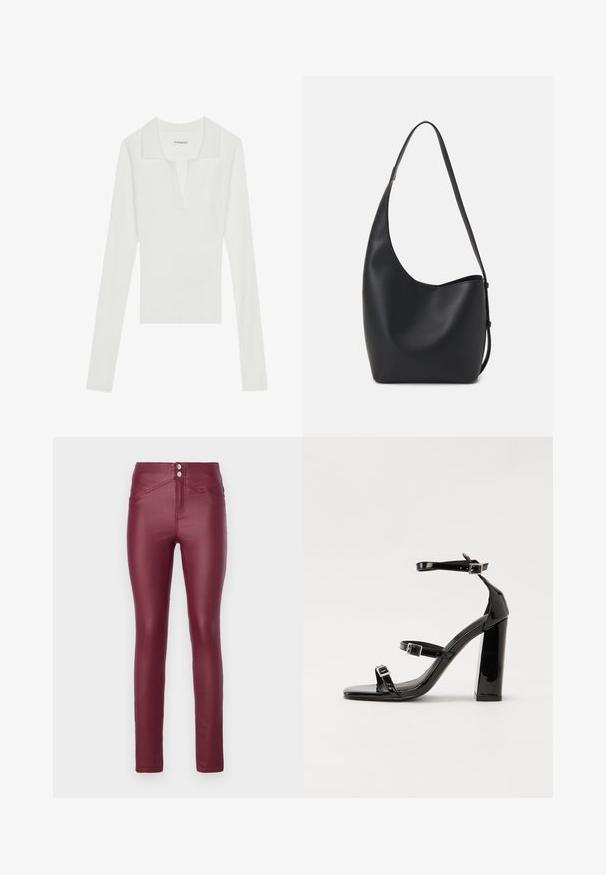 White ribbed long-sleeve polo shirt with a V-neck and contrasting collar, featuring a fitted design and soft texture.; Burgundy faux leather skinny pants with a high waist, featuring two front buttons, angled front pockets, and a smooth, glossy texture.; Black patent heeled sandals with a square toe, ankle straps, and silver buckles. Features a chunky block heel for stability.; Black leather hobo bag with a smooth texture, curved shape, and single adjustable strap; features a wide opening at the top.