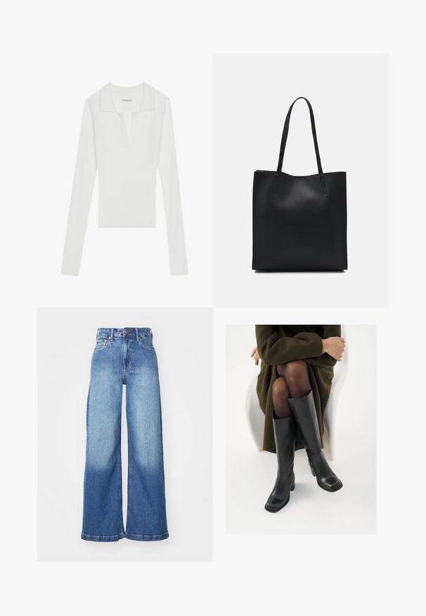 White ribbed long-sleeve polo shirt with a V-neck and contrasting collar, featuring a fitted design and soft texture.; High-waist wide-leg blue denim jeans with front button, zipper, and classic five-pocket design.; Knee-high black leather boots with a squared toe and block heel, shown with a model seated in an olive green coat. Smooth texture, minimal detailing.; Black leather tote bag with smooth texture, rectangular shape, and two long handles. No visible hardware or embellishments.