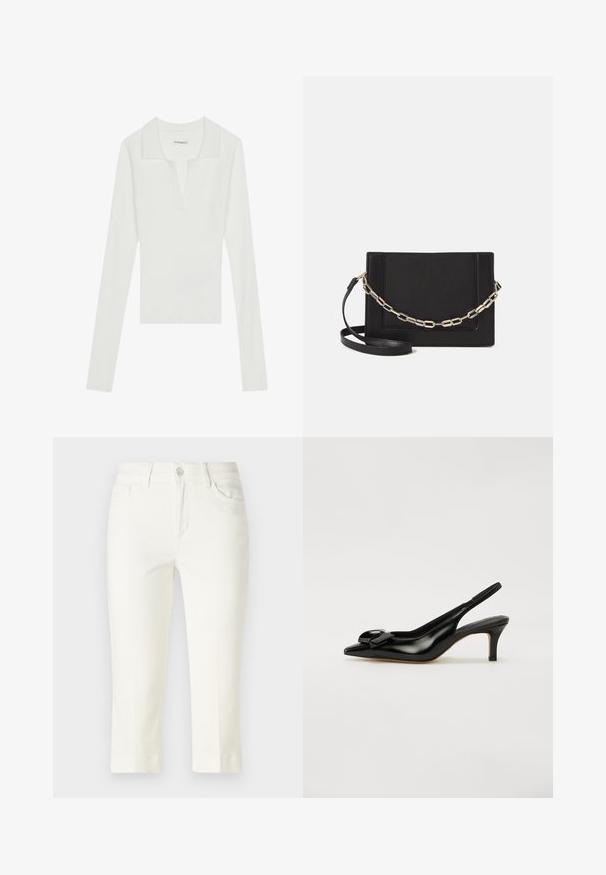 Baltas lygaus audinio ilgomis rankovėmis polo marškinėliai su V formos iškirpte ir kontrastinga apykakle, pasižymintys prigludusiu siluetu ir minkšta tekstūra.; Baltos įvairaus ilgio medvilninės kelnės, su sagų uždarymu, priekinėmis kišenėmis ir tiesaus kirpimo dizainu, turinčiu švarias linijas.; Juodas patentuotas odinis slingback tipo batas su smailiu pirštu, mažai pakulne ir išryškinta lanku ant priekinės dalies. Lygus paviršius ir šiuolaikiškas dizainas.; Juodas odinis per petį nešiojamas krepšys turi lygų paviršių, stačiakampio formą ir metalinę grandinėlę priekyje. Pridedama reguliuojama dirželis.