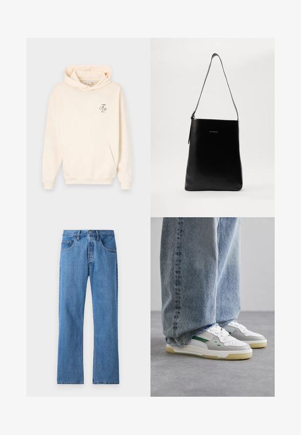 Kremowy hoodie z kieszenią na przodzie, kapturem ze sznurkiem oraz małym zielonym logo graficznym na lewej piersi. Miękka tekstura materiału.; Niebieskie dżinsy o prostym kroju, pięć kieszeni, zapięcie na guzik i subtelne przetarcia. Posiadają standardowe szwy oraz pasek z pięcioma pętelkami.; Białe i szare sneakersy z zielonymi akcentami, z siateczkową cholewką i gumową podeszwą, w połączeniu z niebieskimi dżinsami o postrzępionych końcówkach.; Czarna skórzana torba na ramię o gładkiej fakturze, prostokątnym kształcie i długim pasku; posiada małe białe logo na środku.