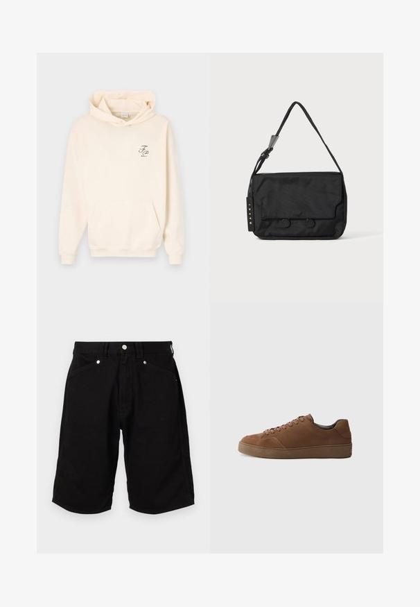 Krämfärgad hoodie med en framficka, dragsko på huvan och en liten grön grafiklogotyp på vänster bröst. Mjuk tygtextur.; Svart denimshorts med en klassisk design, med framfickor och metallbeslag. Tyget har en mjuk och hållbar textur.; Bruna mockasnörskor med rund tå, platta snören och en texturerad gummisula. En enkel design med minimala accenter.; Svart nylonaxelväska med platt form, med en klaffstängning, två cirkulära knappar och en vävd rem. Märkesetikett synlig.