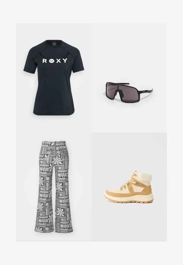 Bežani rebrasti pulover s okruglim izrezom, dugim rukavima i džepom na prsima s oznakom loga. Teksturirani pleteni materijal.; Crni kratki rukav rash guard od rastezljivog materijala, s bijelim "ROXY" logotipom sprijeda i okruglim izrezom.; Crne i bijele trapezaste hlače s geometrijskim cvjetnim uzorkom. Izrađene su od lagane tkanine s glatkom teksturom.; Bež i smeđe planinarske čizme s teksturiranim nubuk gornjim dijelom, kragnom od flisa i masivnom gumom potplatom. Imaju metalne rupice i vezice.; Crne pravokutne sunčane naočale s tamnim lećama, širokim okvirom i vitkim crnim drškama. Imaju logotip na sljepoočnicama. Glatka tekstura.