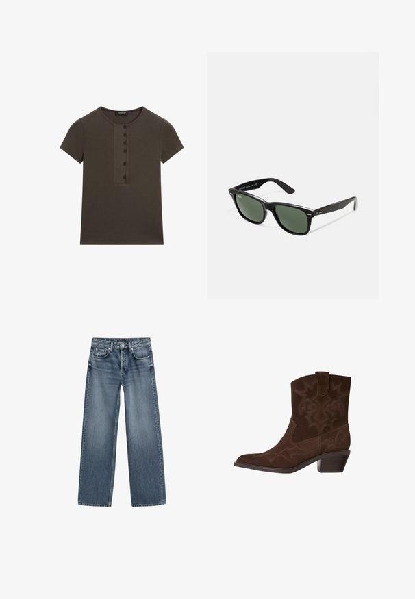 Olivengrüner Poncho aus weichem Stoff, mit weitem Ausschnitt, lockerer Passform und asymmetrischem Saum für einen entspannten Fall.; Dunkelgrünes, geripptes T-Shirt mit kurzen Ärmeln, rundem Ausschnitt und einer fünfknöpfigen Leiste vorne. Weiche Textur und minimalistisches Design.; Hochtaillierte, weite Jeans aus mittlerem blauen Denim mit einem verblassten Finish, Fünf-Taschen-Design und silberfarbener Knopfverschluss.; Braune Wildleder-Cowboy-Stiefel mit spitzem Zeh, dekorativen Stickmustern, Knöchelhöhe und gestapeltem Absatz. Mit einer Zuglasche für einfaches An- und Ausziehen.; Schwarze Plastiksonnenbrille mit grünen Gläsern, quadratischen Rahmen, silbernem Akzent auf der Augenbraue und strukturierten Bügeln. Angegebene Marke auf dem inneren Bügel.