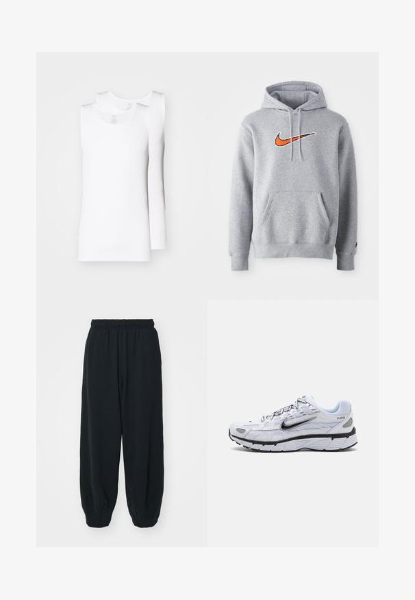 Grauer Sweatshirt-Hoodie aus Baumwollmischung. Mit Kängurutasche und verstellbarem Kapuzenzug. Gesticktes oranges Nike-Logo auf der Brust.; Zwei weiße Baumwoll-Tanktops werden präsentiert. Sie haben einen runden Ausschnitt, ärmelloses Design mit einer glatten Textur und einem taillierten Schnitt.; Schwarze Sweatpants mit elastischem Bund, lockerer Passform, gerippten Beinabschlüssen, glatter Textur und ohne sichtbare Muster oder Hardware-Akzente.; Weißer Laufschuh mit Obermaterial aus Mesh, abgerundetem Zeh, schwarzen Akzenten und gemusterter Sohle. Verfügt über Schnürung und Branding an der Seite.