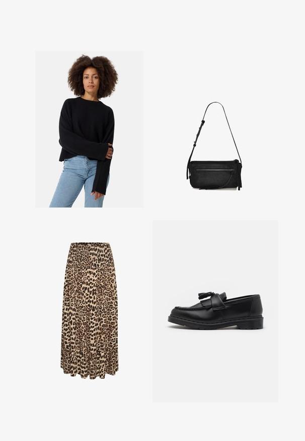 Zwarte gebreide trui van een gestructureerde stof, met een ontspannen pasvorm en ruime mouwen, in combinatie met lichtblauwe jeans.; Maxi jurk met dierenprint, voorzien van een smockband aan de waistband en een tiered ruffle zoom, met tinten beige, bruin en zwart in een zachte stof.; Zwarte leren instapper met een franjesaccent, gestikte details langs de rand en een dikke rubberen zool voor duurzaamheid.; Zwarte leren handtas met een enkele verstelbare schouderband, rechthoekige vorm, voorvak met rits en een subtiele textuurafwerking.