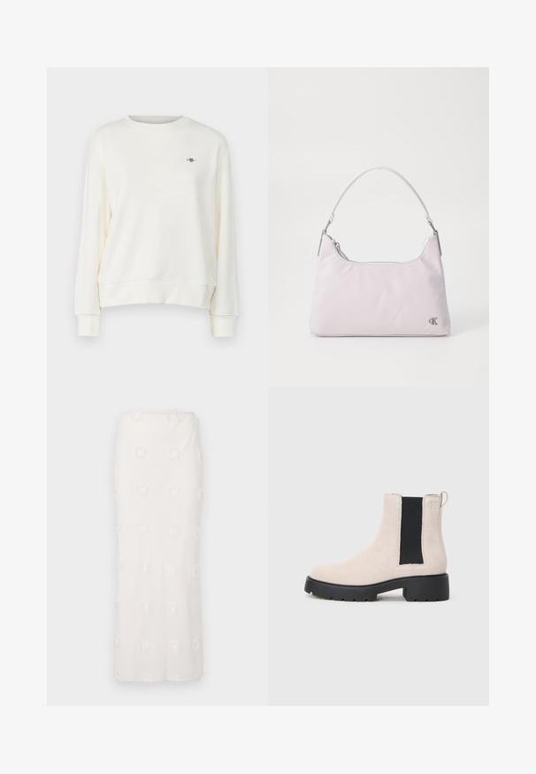 Pull-over sweatshirt in crème, met een ronde hals, lange mouwen en een subtiele logo-accent op de borst. Zachte, gladde stofstructuur.; Witte knie-lange rok van gestructureerde stof, voorzien van een geborduurd patroon met subtiele franjes. Rechte snit en naadloze tailleband.; Beige suède Chelsea-boot met zwarte elastische zijpaneel, robuuste zwarte zool en een trekhaak bij de enkel.; Lichtroze nylon schoudertas met een gebogen handvat, ritssluiting aan de bovenkant, zilverkleurige hardware en een klein logo aan de zijkant.