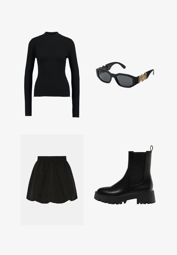 Črn rebrast pulover z visokim ovratnikom in dolgimi rokavi, ki se prilega telesu, z gladko teksturo in strukturirano silhueto.; Črna drsna krila z elastiko v pasu, narejena iz teksturirane tkanine. Ima razširjen dizajn in sega nad koleno.; Črne usnjene gležnjarje z teksturirano bočno ploščo, zaobljenim prstom in debelim ploščatim podplatom, ki ima cik-cak vzorec.; Črne sončne očala z masivnim geometrijskim okvirjem, temnimi lečami in zlatimi kovinskimi detajli na templjih, ki vsebujejo okroglo emblemo.
