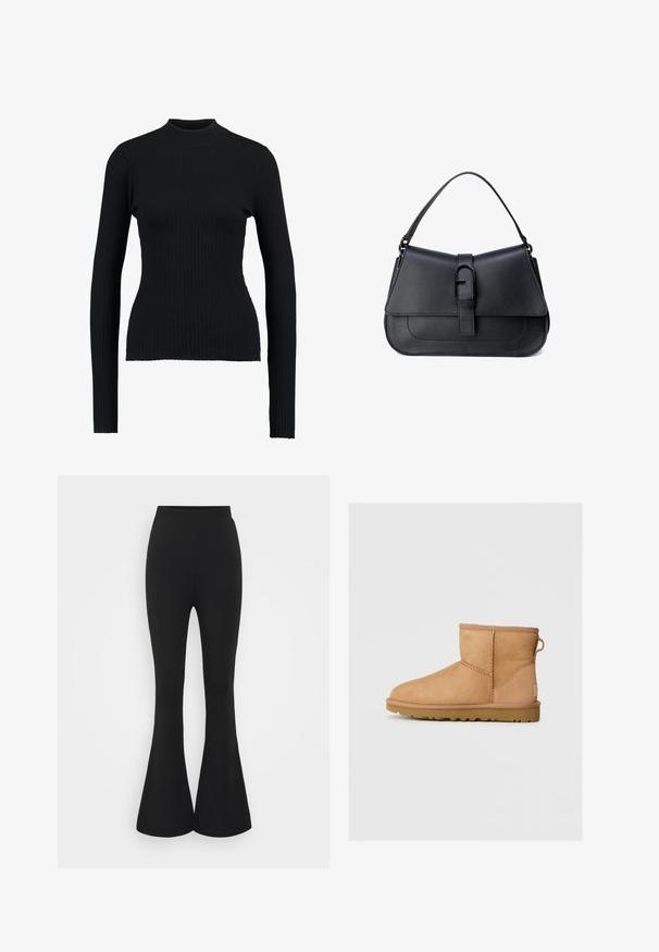 Suéter preto de gola alta com mangas longas e um design justo, apresentando uma textura suave e uma silhueta estruturada.; Calças pretas em flare feitas de um tecido elástico. O design apresenta uma cintura alta e uma bainha ampla que se abre abaixo do joelho.; Botim de tornozelo em camurça bege com bico redondo, detalhes de costura, alça na parte de trás e sola de borracha texturizada. Projetado para conforto e calor.; Mala de mão em couro preto com um design estruturado, textura suave, alça de ombro ajustável e um flap frontal com detalhe de fecho.