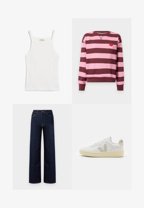 Burgundi és rózsaszín csíkos pulóver kerek nyakkivágással és bordás mandzsettával. Kiemelkedő jellegzetessége egy hímzett piros ajak logó "PARIS STUDIO" felirattal.; Fehér ujjatlan felső vékony pántokkal, bordás pamutszövetből készült, egyenes dekoltázzsal és tiszta véggel az alján.; Sötétkék, széles szárú farmernadrág, magas derékkal, négy zsebbel és kontrasztos varrással az illesztéseknél.; Fehér bőr sneaker bézs velúr részletekkel, perforált orr résszel, lapos fűzőkkel és textúrált krémszínű talppal. Finom márkajelzés található a sarkán.