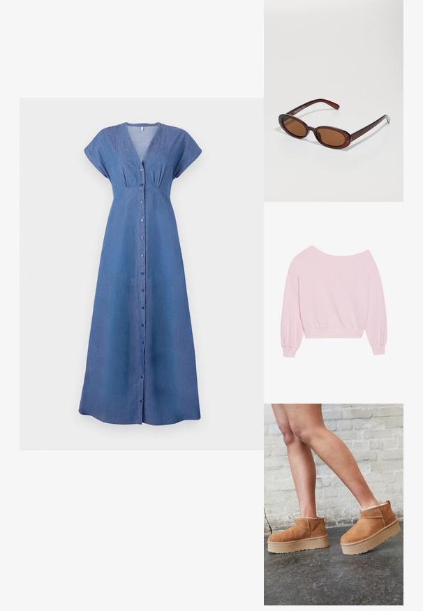 Ružový sveter s odhalenými ramenami, ktorý má dlhé balónové rukávy a priliehavý pás. Hladká textúra s rebrovanými manžetami. Žiadne vzory ani kovové prvky.; Modrá denimová šaty s krátkymi rukávmi, véčkovým výstrihom a predným zapínaním na gombíky. Má nariasené detaily pod poprsím a rovný, dlhý strih.; Hnedé semišové kotníkové čižmy s mäkkou podšívkou, hrubou béžovou platformou a zadným pútkom na obutie. Textúrovaný povrch s viditeľnými švami.; Okrúhle slnečné okuliare s hnedým nádychom a lesklým burgundským rámom. Úzke ramená s jemným brandovaním. Plochej šošovky dizajn.