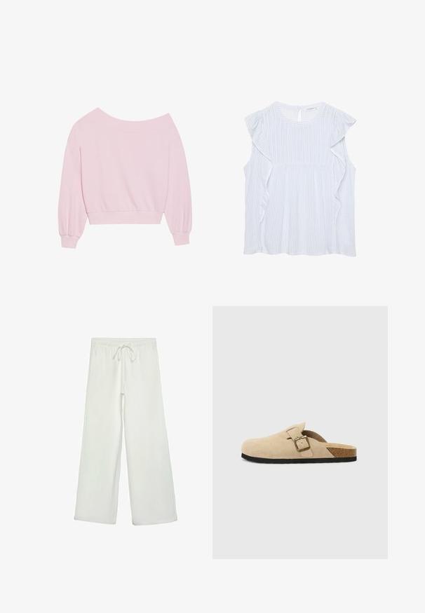 Felpa rosa con scollo a barca, caratterizzata da lunghe maniche a palloncino e vita aderente. Tessuto morbido con polsini a coste. Senza stampe o accessori.; Blusa a righe azzurro chiaro con scollatura rotonda, spalline arricciate e apertura a forma di chiave sulla schiena. Il tessuto è morbido e leggero.; Pantaloni bianchi a gamba larga realizzati in un tessuto morbido. Presentano un elastico in vita con cordino e una consistenza liscia. Senza motivi visibili o accessori.; Zoccoli beige in suede con piede in sughero, punta rotonda e una semplice fascia con una fibbia dorata. Suola in gomma per una buona aderenza.