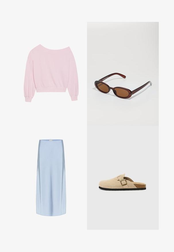 Roze off-the-shoulder sweatshirt met lange ballonmouwen en een aansluitende taille. Gladde textuur met geribbelde manchetten. Geen patronen of hardware.; Zijden midi rok in lichtblauw, met een gladde, glanzende textuur, rechte silhouet en een subtiele glans. De zoom valt net onder de knie.; Beige suède instapklompen met een kurken voetbed, een ronde teen en een eenvoudige band met een goudkleurige gesp. Rubberen zool voor grip.; Ronde, bruin getinte zonnebril met een glanzend bordeauxrood frame. Slanke pootjes met subtiele merkdetails. Vlakke lensontwerp.; Roze draagtas gemaakt van textuurmateriaal, met twee lange handvatten en een opgedrukte logo aan de voorkant. Ritssluiting aan de bovenkant.