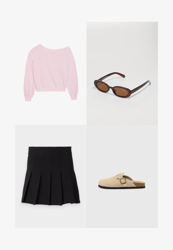 Roza pulover brez naramnic s dolgimi balonastimi rokavi in prilegajočim pasom. Gladka tekstura z rebrastimi manšetami. Brez vzorcev ali dodatkov.; Črna nagubana krila s prilagojenim pasom, izdelana iz gladkega blaga. Značilne so številne navpične gube, ki zagotavljajo strukturirano silhueto.; Bež sueded klompe na potplat s koricom, zaobljenim vrhom i jednostavnom trakom s zlatnim kopčom. Gumeni potplat za prianjanje.; Okrogle, rjavo obarvane sončne naočare z sijočim burgundskim okvirjem. Tanek nosilec s subtilnim logotipom. Oblika leč je ravna.