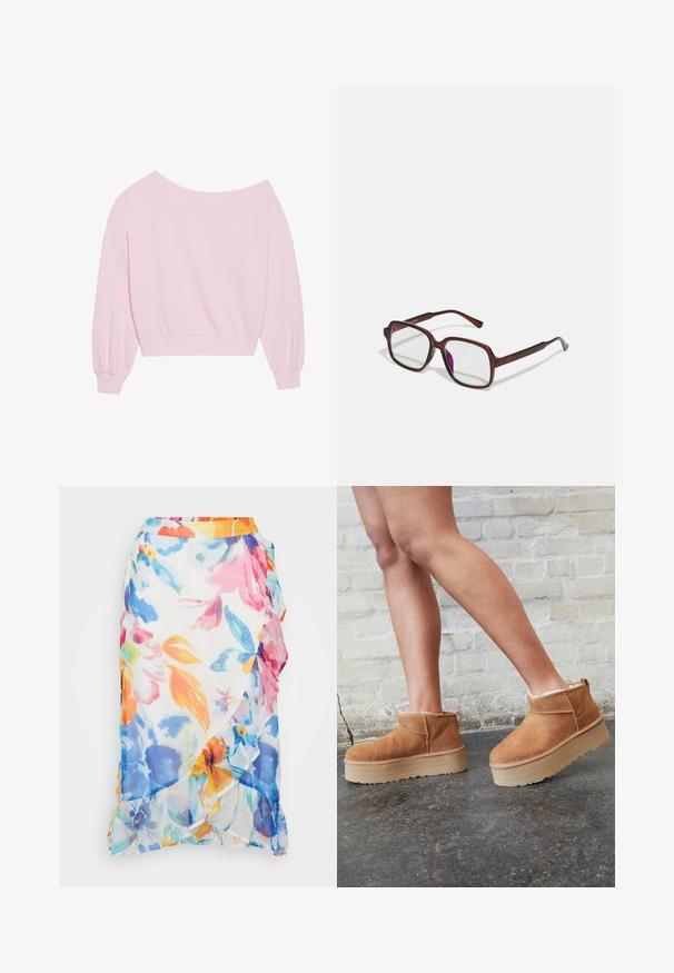 Sudadera rosa off-the-shoulder con mangas globo largas y cintura ajustada. Textura suave con puños acanalados. Sin patrones ni herrajes.; Falda envolvente floral en una tela ligera y transparente. Presenta vibrantes flores multicolores, dobladillo con volantes y una cinturilla naranja en contraste.; Botas de tobillo de ante marrón con forro suave, suela de plataforma gruesa beige y una lengüeta trasera. Superficie texturizada con detalles de costura visibles.; Gafas marrones y rectangulares con lentes transparentes y tintes morados. Montura de plástico suave con patillas rectas y detalles sutiles.; Bolso de hombro de imitación cuero marrón con forma curva, costura mínima y un acento de hardware en tono dorado. Presenta un cierre de cremallera en la parte superior y una correa ajustable.