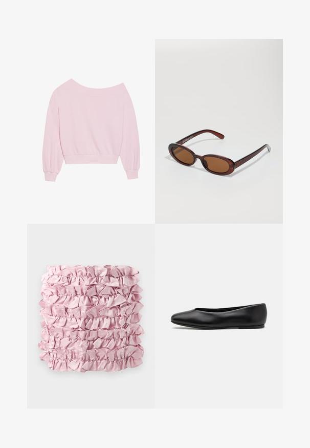 Pink off-the-shoulder sweatshirt featuring long balloon sleeves and a fitted waist. Smooth texture with ribbed cuffs. No patterns or hardware.; Pink ruffled fabric featuring multiple layers of soft, satin-like texture with gathered edges. Rectangular shape with rich, even color.; Paul Smith TOPANGA - Ballet pumps - black; Round, brown-tinted sunglasses with a glossy burgundy frame. Slim arms with subtle branding detail. Flat lens design.; Pink tote bag made of textured material, featuring two long handles and an embossed logo on the front. Zippered top closure.