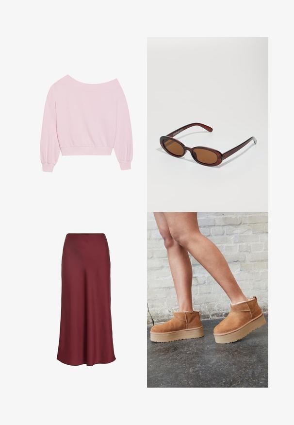 Sudadera rosa off-the-shoulder con mangas globo largas y cintura ajustada. Textura suave con puños acanalados. Sin patrones ni herrajes.; Falda maxi de satén burdeos con una textura suave y un diseño A-line simple, que cuenta con una cinturilla recta y sin adornos visibles.; Botas de tobillo de ante marrón con forro suave, suela de plataforma gruesa beige y una lengüeta trasera. Superficie texturizada con detalles de costura visibles.; Gafas de sol redondas con tinte marrón y un marco burdeos brillante. Patillas delgadas con un sutil detalle de marca. Diseño de lentes planos.; Bolso tote rosa hecho de material texturizado, con dos asas largas y un logotipo grabado en la parte frontal. Cierre superior con cremallera.