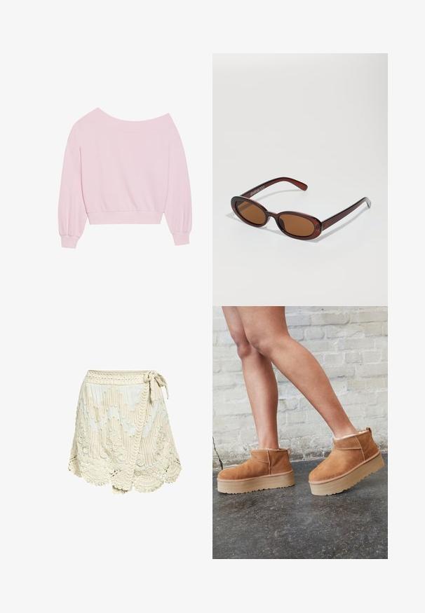 Różowy sweter typu off-the-shoulder z długimi rękawami typu balon oraz dopasowaną talią. Gładka tekstura z prążkowanymi mankietami. Bez wzorów ani metalowych elementów.; Kremowa spódnica w formie owijanej z teksturowanym haftem, z falbaniastym dołem i wiązaniem w talii. Wykonana z lekkiego materiału z misternymi wzorami.; Brązowe zamszowe botki sięgające kostki z puszystą wyściółką, grubą beżową platformą oraz tylną pętelką. Teksturowana powierzchnia z widocznymi detalami zszycia.; Okrągłe, brązowe okulary przeciwsłoneczne z błyszczącą bordową oprawą. Cienkie ramiona z subtelnym detalem marki. Płaski kształt soczewek.; Różowa torba tote wykonana z teksturowanego materiału, z dwiema długimi rączkami i wytłoczonym logo z przodu. Zamek błyskawiczny na górze.