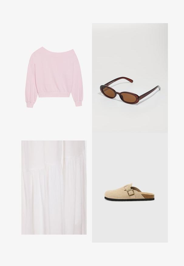 Ružový sveter s odhalenými ramenami, ktorý má dlhé balónové rukávy a priliehavý pás. Hladká textúra s rebrovanými manžetami. Žiadne vzory ani kovové prvky.; Biela tkaninová šaty so štruktúrovaným povrchom a jemnými skladmi, s neformálnymi dizajnovými prvkami, ktoré vytvárajú splývavú siluetu.; Bežové semišové clogs na klinoch so korkovou stielkou, zaoblenou špičkou a jednoduchým remienkom so zlatým sponou. Gumová podrážka pre lepšiu priľnavosť.; Okrúhle slnečné okuliare s hnedým nádychom a lesklým burgundským rámom. Úzke ramená s jemným brandovaním. Plochej šošovky dizajn.