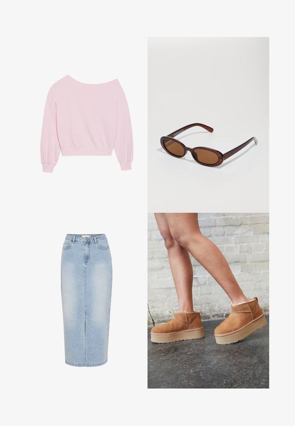 Roza pulover brez naramnic s dolgimi balonastimi rokavi in prilegajočim pasom. Gladka tekstura z rebrastimi manšetami. Brez vzorcev ali dodatkov.; Svetlo modra denim midijska krila z ravnim krojem, sprednjim razporkom in vidnim šivanjem. Ima zaponko na gumbu in zanke za pas.; Rjavi semiš škornji do gležnjev s puhastim podlogo, debelim bež platformnim podplatom in zanko na zadnji strani. Teksturirana površina z vidnimi šivi.; Okrogle, rjavo obarvane sončne naočare z sijočim burgundskim okvirjem. Tanek nosilec s subtilnim logotipom. Oblika leč je ravna.; Roza torba iz teksturiranega materiala, z dvema dolgima ročajema in vtisnjenim logotipom na sprednji strani. Zadrga na vrhu.
