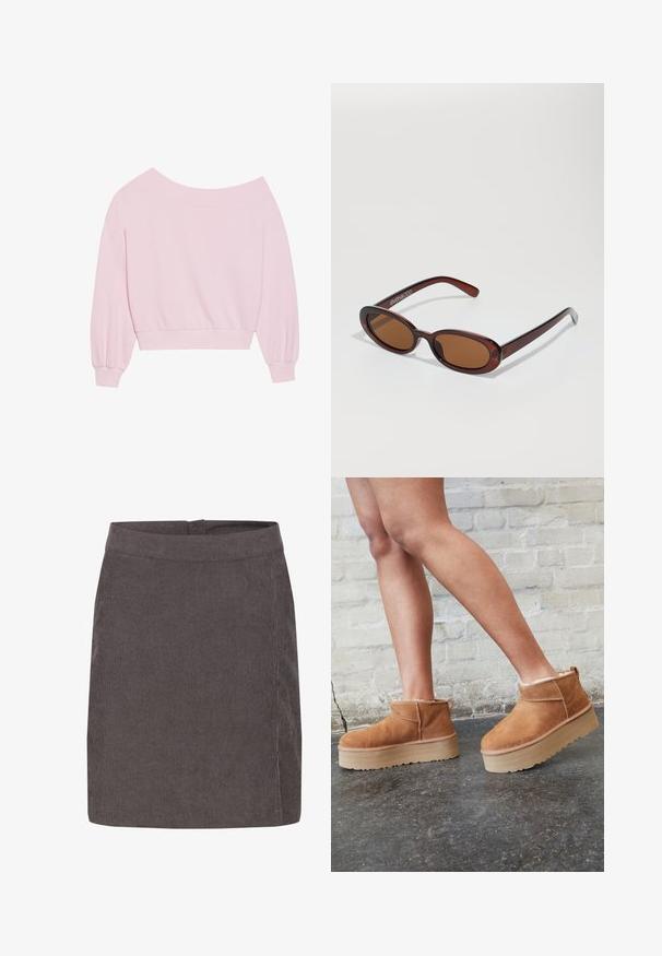 Ružičasti dukserica bez ramena s dugim balonskim rukavima i uskim pojasom. Glatka tekstura s rebrastim manžetama. Bez uzoraka ili dodataka.; Kaffe VERA - Suknja A kroja - major brown c; Smeđi antilop čizmi do gležnja s mekanim postavljanjem, debljim bež platformski potplat i stražnjim povlačnim trakama. Teksturirana površina s vidljivim šavovima.; Okvir okruglih, smeđkastih sunčanih naočala s sjajnim burgundskim okvirom. Uski nositelji s suptilnim brendiranjem. Ravna leća.; Ružičasta torba od teksturiranog materijala, s dva duga ručka i urezanim logotipom na prednjoj strani. Zatvaranje na munje.