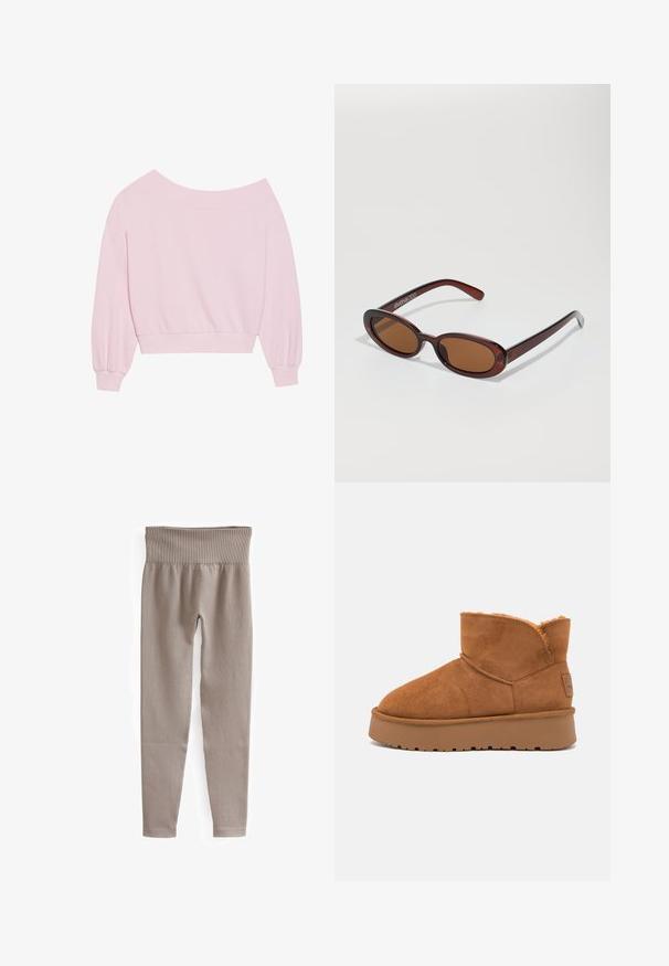 Roze off-the-shoulder sweatshirt met lange ballonmouwen en een aansluitende taille. Gladde textuur met geribbelde manchetten. Geen patronen of hardware.; Beige geribbelde legging met een brede tailleband, taps toelopende benen en een gladde textuur, ontworpen voor comfort en flexibiliteit.; Bruine suède enkellaars met een zachte bontvoering, ronde neus en dikke, gestructureerde rubberen zool. Bevat gestikte naden en een merklabel.; Ronde, bruin getinte zonnebril met een glanzend bordeauxrood frame. Slanke pootjes met subtiele merkdetails. Vlakke lensontwerp.