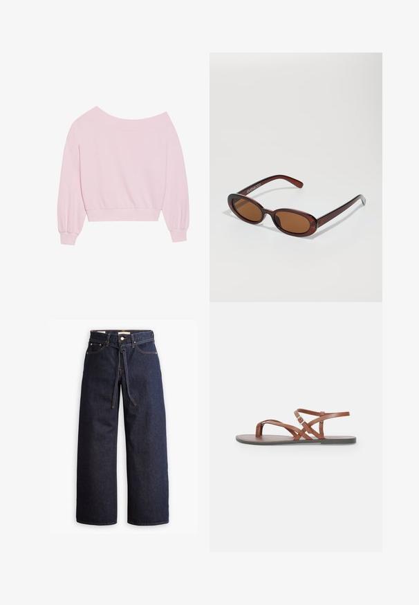 Rosa off-shoulder sweatshirt med lange ballonærmer og en tætsiddende talje. Glat tekstur med ribbede manchetter. Ingen mønstre eller hardware.; Bredde ben mørkeblå denim jeans med høj talje, der har snoretræk, fem lommer og kontrastsyet detaljer.; Brune læder flade sandaler med krydsede stropper, åben tå-design og en spænde ankelrem. Glat tekstur og minimalistisk stil.; Runde, bruntonede solbriller med en glansfuld bordeauxramme. Slanke arme med diskret brandingdetalje. Flad linsedesign.; Rosa tote taske lavet af tekstureret materiale, med to lange håndtag og et præget logo på forsiden. Lynlåslukning i toppen.