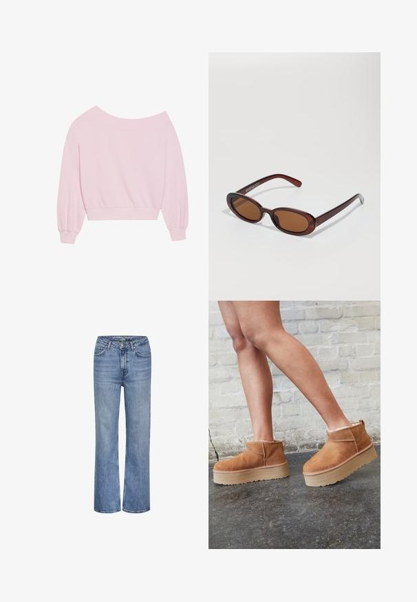 Růžový svetr s odhalenými rameny, dlouhými balónovými rukávy a přiléhavým pasem. Hladký povrch s žebrovanými manžetami. Bez vzorů nebo kování.; Modré džíny s vysokým pasem, rovného střihu, s předním knoflíkem, zipem a designem s pěti kapsami.; Hnědé semišové kotníkové boty s měkkou podšívkou, silnou béžovou platformou a zadním poutkem. Texturovaný povrch s viditelnými švy.; Kulaté sluneční brýle hnědé barvy s lesklým burgundským rámem. Úzké nožičky s jemným logem. Rovné čočky.