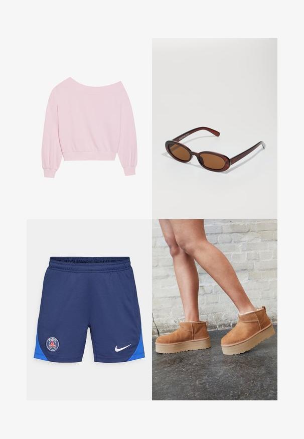 Ružový sveter s odhalenými ramenami, ktorý má dlhé balónové rukávy a priliehavý pás. Hladká textúra s rebrovanými manžetami. Žiadne vzory ani kovové prvky.; Námornícke modré športové šortky s elastickým pásom, bočný panel v modrej farbe, biele logo Nike a okrúhle logo PSG na ľavom stehne.; Hnedé semišové kotníkové čižmy s mäkkou podšívkou, hrubou béžovou platformou a zadným pútkom na obutie. Textúrovaný povrch s viditeľnými švami.; Okrúhle slnečné okuliare s hnedým nádychom a lesklým burgundským rámom. Úzke ramená s jemným brandovaním. Plochej šošovky dizajn.; Ružová taška na rameno vyrobená z textúrového materiálu, so zvýraznenými dlhými užšími rúčkami a embosovaným logom na prednej strane. Zips na vrchnej strane.