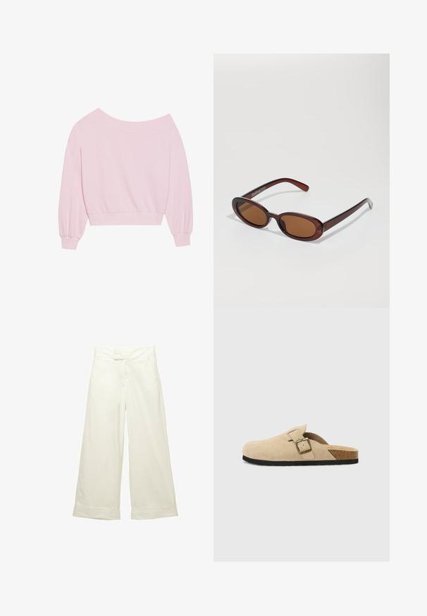 Rosa off-shoulder sweatshirt med långa ballongsärmar och åtsittande midja. Slät textur med ribbade muddarna. Inga mönster eller metalldetaljer.; Breda byxor i mjukt, krämfärgat tyg. Har en platt midja framtill och uppvikta fållar. Slät textur med en ren, minimalistisk design.; Beiga mockasiner i mocka med korkfot, rund tå och en enkel rem med ett spänne i guldton. Gummisula för bra grepp.; Runda, bruntonade solglasögon med en glansig bordeauxfärgad ram. Smala bågar med subtilt varumärkesdetalj. Platt linsdesign.