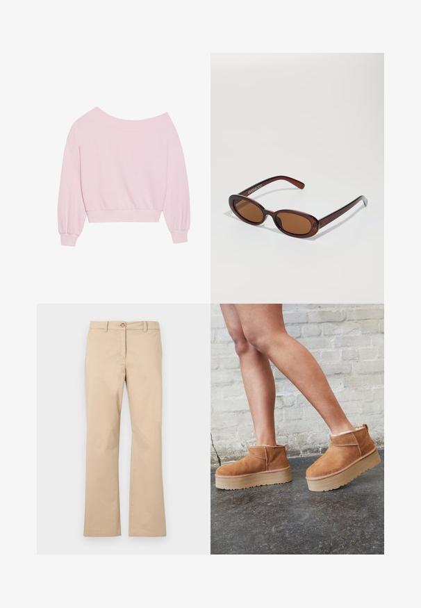 Rosa off-shoulder sweatshirt med lange ballonærmer og en tætsiddende talje. Glat tekstur med ribbede manchetter. Ingen mønstre eller hardware.; Beige bomuldsbukser med lige ben design, der har knaplukning og bæltestropper, glat tekstur og ingen synlige mønstre eller accenter.; Brune ruskinds ankelsko med en blød foring, tyk beige plattformsål og en bageste løkke. Tekstureret overflade med synlige sømdetaljer.; Runde, bruntonede solbriller med en glansfuld bordeauxramme. Slanke arme med diskret brandingdetalje. Flad linsedesign.; Rosa tote taske lavet af tekstureret materiale, med to lange håndtag og et præget logo på forsiden. Lynlåslukning i toppen.