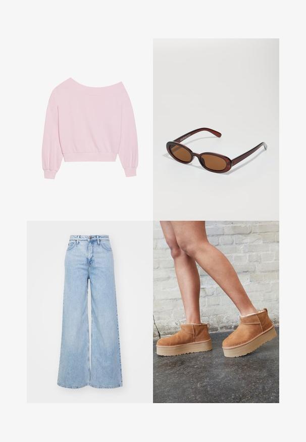 Rožinė megzta palaidinė be pečių, su ilgomis balioninėmis rankovėmis ir prisitaikančiu liemeniu. Lygus paviršius su raštuotais rankogaliais. Be raštų ar metalinių detalių.; Šviesiai mėlynos plačios kojų džinsai iš džinsinio audinio, su aukštu liemeniu, mygtuko uždarymu ir subtiliu išblukimu. Kraštai apdirbti.; Rudos zomšiniai kulkšniniai batai su minkštu pamušalu, storu smėlio spalvos platforminiu padu ir gale esančia kilpa. Tekstūruotas paviršius su matomais siuvimo detalėmis.; APvalūs, rudos spalvos saulės akiniai su blizgia burgundinės spalvos rėmeliu. Plonos šakutės su subtiliu ženklinimu. Lygus objektyvo dizainas.; Rožinė naujoviška rankinė, pagaminta iš tekstūruoto medžiagos, su dviem ilgomis rankenomis ir reljefiniu logotipu priekyje. Uždarymas su užtrauktuku viršuje.