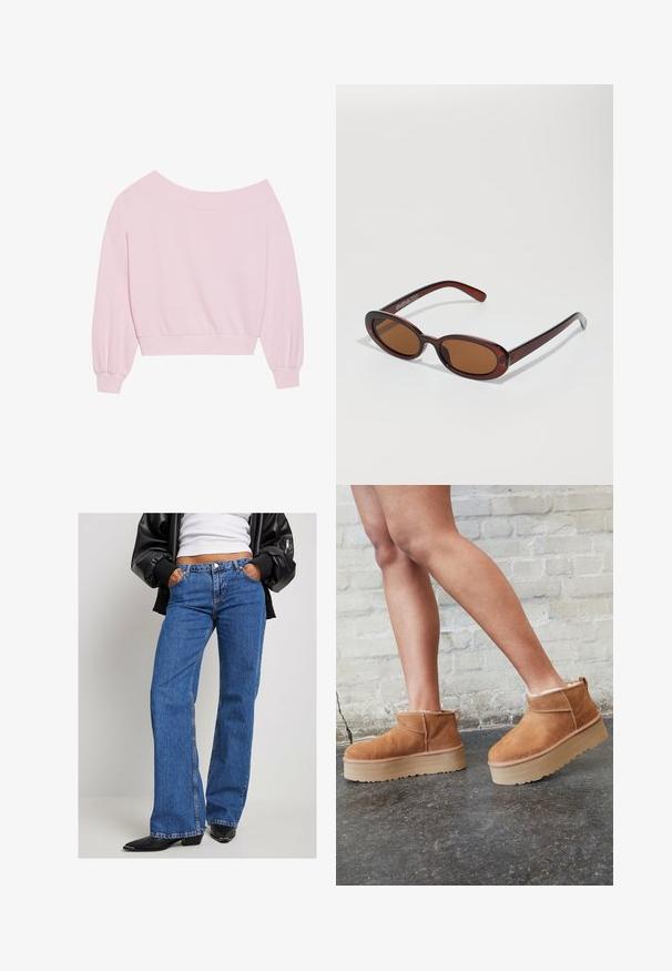 Roosa õlavarraste pealt avatud sweatshirt, millel on pikad balloonvarrukad ja suleline vöökoht. Sile tekstuur ribitud mansettidega. Ilma mustrite ja riistvaraeta.; Sinine denimist teksad sirge jala lõikega, keskmise pesu, viie-tasku disaini ja väikese tikandiga. Kantud valge pluusi ja musta jopega.; Pruunist seemsest valmistatud pahkluu saapad, millel on pehme vooder, paks beež platvormi konts ja tagumine tõmblukk. Tekstureeritud pind nähtavate õmbluse detailidega.; Ümar, pruunikased päikeseprillid läikiva burgundia raami ja peente kaubamärgi detailidega. Peened sangad ja lame läätsedesain.; Roosa kott, mis on valmistatud tekstuurilisest materjalist, millel on kaks pikka sangat ja esiküljel reljeefne logo. Lukuga pealmine sulgemine.