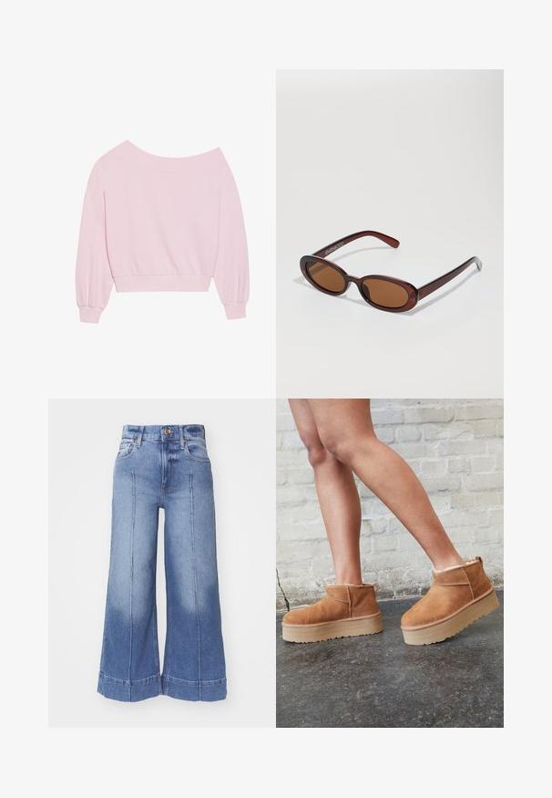 Rožinė megzta palaidinė be pečių, su ilgomis balioninėmis rankovėmis ir prisitaikančiu liemeniu. Lygus paviršius su raštuotais rankogaliais. Be raštų ar metalinių detalių.; Tiesūs džinsai plačiomis kojomis šviesiai mėlynos spalvos, su aukštu juosmeniu, išblukusiu dizainu, priekinėmis kišenėmis ir su siūlėmis išilgai kojų.; Rudos zomšiniai kulkšniniai batai su minkštu pamušalu, storu smėlio spalvos platforminiu padu ir gale esančia kilpa. Tekstūruotas paviršius su matomais siuvimo detalėmis.; APvalūs, rudos spalvos saulės akiniai su blizgia burgundinės spalvos rėmeliu. Plonos šakutės su subtiliu ženklinimu. Lygus objektyvo dizainas.; Rožinė naujoviška rankinė, pagaminta iš tekstūruoto medžiagos, su dviem ilgomis rankenomis ir reljefiniu logotipu priekyje. Uždarymas su užtrauktuku viršuje.