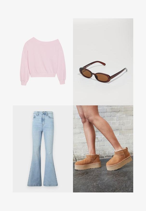 Rosa avskåret genser med lange ballongslover og fitted midje. Glatt tekstur med ribbede mansjetter. Ingen mønstre eller maskinvare.; Lyseblå utsvingte jeans laget av denim, med høy midje, subtil falming, og store klokkeermer med en ren søm.; Brune daim ankelstøvler med en bløt foring, tykk beige plattformsåle og en bakre trekkflik. Teksturert overflate med synlige stikningsdetaljer.; Runde, brune solbriller med en blank burgunderfarvet ramme. Slanke arme med subtile brandingdetaljer. Flad linse design.