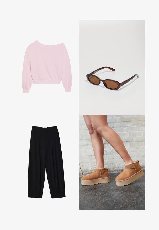 Rosa off-shoulder sweatshirt med lange ballonærmer og en tætsiddende talje. Glat tekstur med ribbede manchetter. Ingen mønstre eller hardware.; Sorte vide benbukser lavet af letvægtsstof, med frontfolder, en klassisk talje og sidelommer. Glat tekstur.; Brune ruskinds ankelsko med en blød foring, tyk beige plattformsål og en bageste løkke. Tekstureret overflade med synlige sømdetaljer.; Runde, bruntonede solbriller med en glansfuld bordeauxramme. Slanke arme med diskret brandingdetalje. Flad linsedesign.; Sort quiltet tote taske med to robuste håndtag, fremstillet af et struktureret stof med et diamantmønster for holdbarhed og stil.