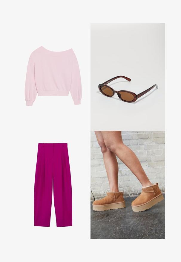 Felpa rosa con scollo a barca, caratterizzata da lunghe maniche a palloncino e vita aderente. Tessuto morbido con polsini a coste. Senza stampe o accessori.; Pantaloni a gamba larga fucsia con pieghe, caratterizzati da una texture liscia e una vita alta. Presentano passanti per la cintura e una silhouette sartoriale.; Stivali alla caviglia in suede marrone con una fodera morbida, suola platform spessa beige e un'asola posteriore. Superficie testurizzata con dettagli di cucitura ben visibili.; Occhiali da sole rotondi con tonalità marrone, montatura lucida color bordeaux. Aste sottili con un sottile dettaglio del marchio. Design delle lenti piatte.